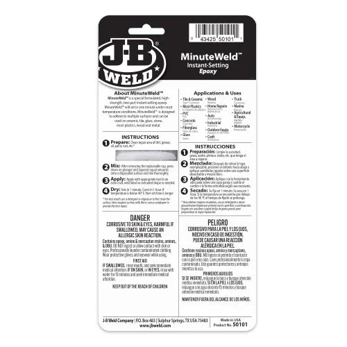 J-B Weld MinuteWeld™ Syringe - 25 ml is designed to adhere to multiple surfaces and can be used on ceramic, tile, glass, stone, most plastics, wood and metal. J-B Weld MinuteWeld™ Syringe - 25 ml is designed to adhere to multiple surfaces and can be used on ceramic, tile, glass, stone, most plastics, wood and metal.